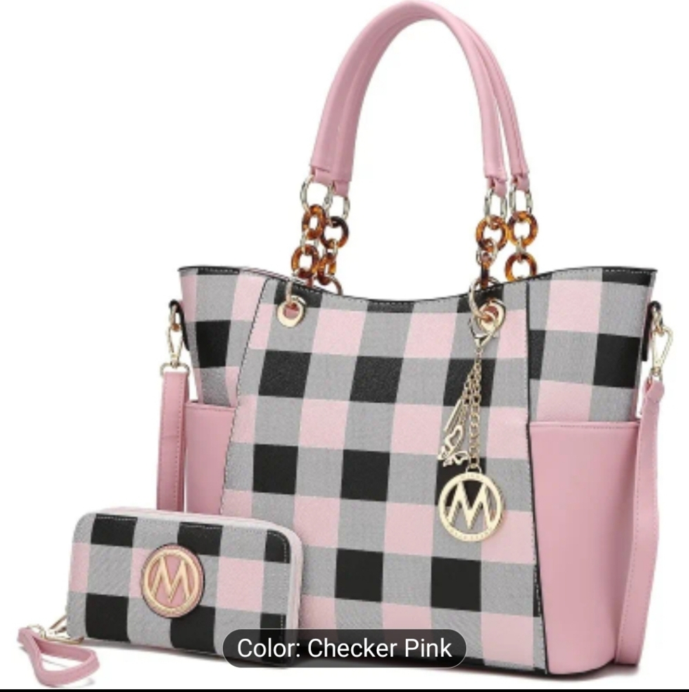 Mkf collection by mia k women vegan tote Checker Pink Women's Bag Set